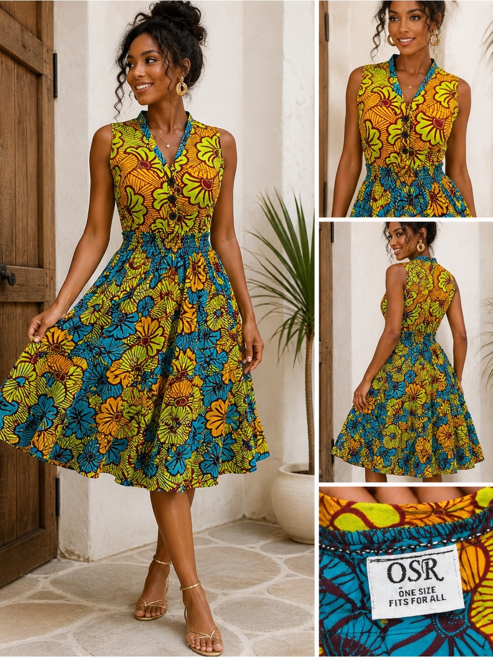 OSR African Print Ankara Dress Wax  Smocked Waist Colorful Midi Festival
